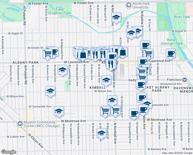 map of restaurants, bars, coffee shops, grocery stores, and more near 4713 North Saint Louis Avenue in Chicago