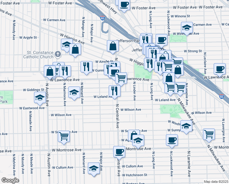 map of restaurants, bars, coffee shops, grocery stores, and more near 4736 North Central Avenue in Chicago