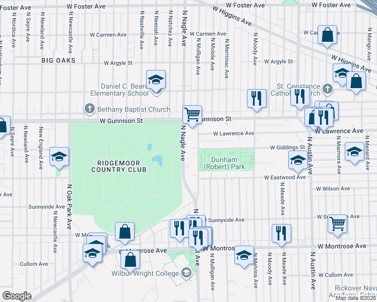 map of restaurants, bars, coffee shops, grocery stores, and more near 4743 North Nagle Avenue in Chicago
