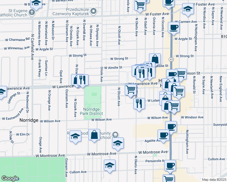 map of restaurants, bars, coffee shops, grocery stores, and more near 4753 North Oriole Avenue in Norridge