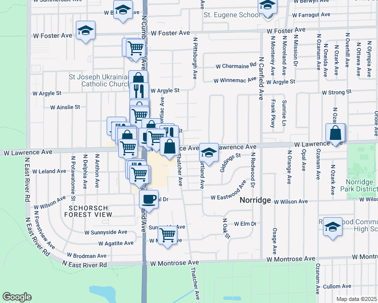 map of restaurants, bars, coffee shops, grocery stores, and more near 8230 West Lawrence Avenue in Norridge