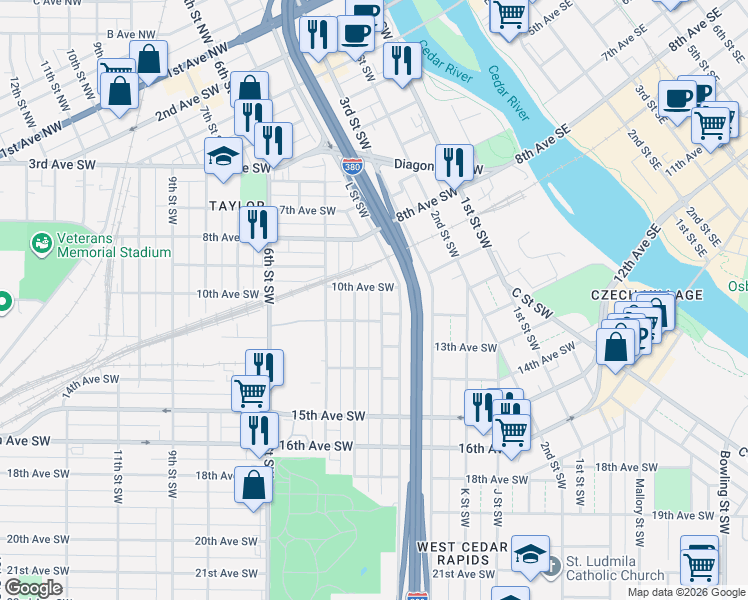 map of restaurants, bars, coffee shops, grocery stores, and more near 344-368 10th Avenue Southwest in Cedar Rapids