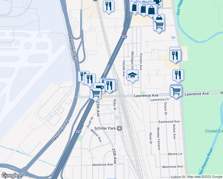 map of restaurants, bars, coffee shops, grocery stores, and more near 9801 South Avenue in Schiller Park