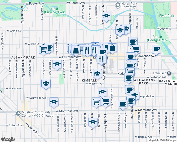 map of restaurants, bars, coffee shops, grocery stores, and more near 4713 North Saint Louis Avenue in Chicago