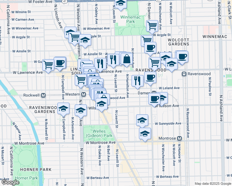 map of restaurants, bars, coffee shops, grocery stores, and more near 4648 North Leavitt Street in Chicago