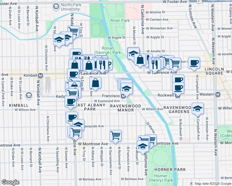map of restaurants, bars, coffee shops, grocery stores, and more near 4704 North Manor Avenue in Chicago