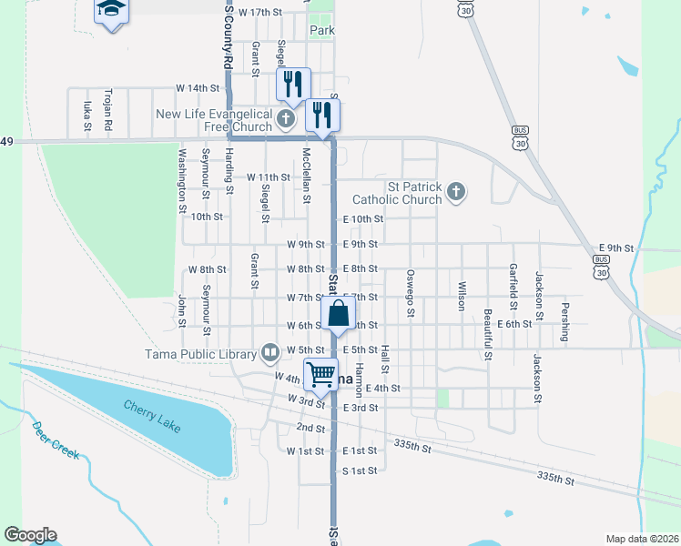 map of restaurants, bars, coffee shops, grocery stores, and more near 805 State Street in Tama