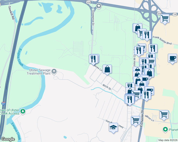 map of restaurants, bars, coffee shops, grocery stores, and more near 223 Boices Lane in Kingston