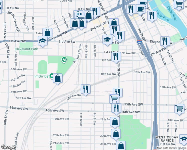 map of restaurants, bars, coffee shops, grocery stores, and more near 901 10th Avenue Southwest in Cedar Rapids