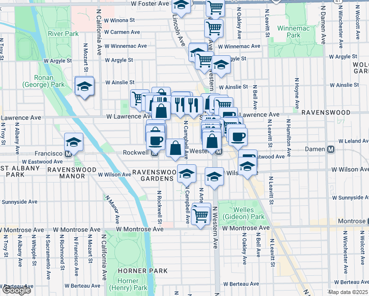 map of restaurants, bars, coffee shops, grocery stores, and more near 2501 West Leland Avenue in Chicago