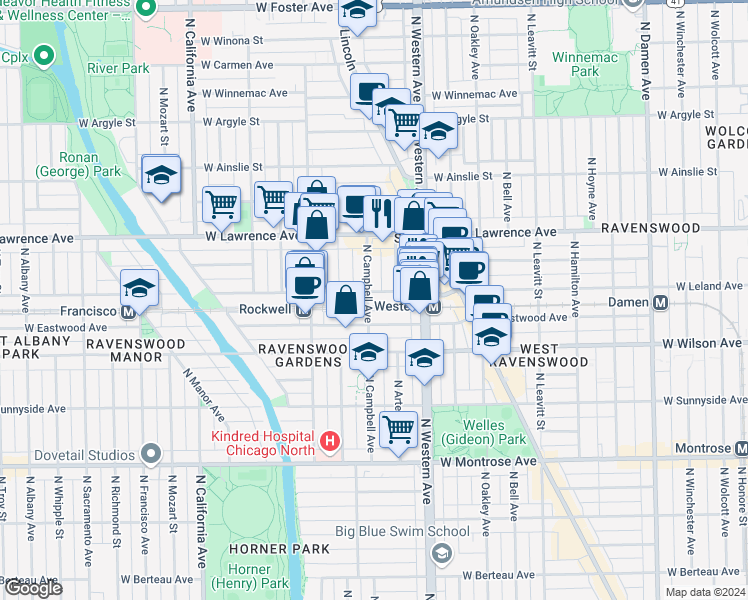 map of restaurants, bars, coffee shops, grocery stores, and more near 2457 West Leland Avenue in Chicago