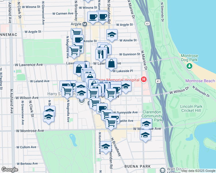 map of restaurants, bars, coffee shops, grocery stores, and more near 1007 West Leland Avenue in Chicago