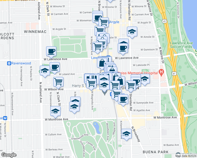 map of restaurants, bars, coffee shops, grocery stores, and more near 1207 West Leland Avenue in Chicago