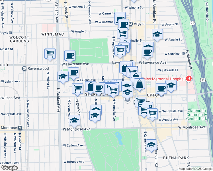 map of restaurants, bars, coffee shops, grocery stores, and more near 1247 West Leland Avenue in Chicago
