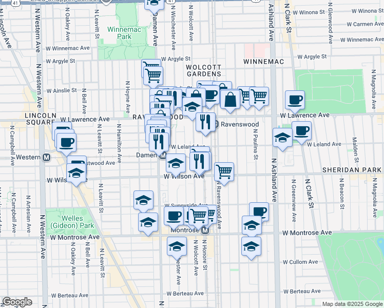 map of restaurants, bars, coffee shops, grocery stores, and more near 1900 West Leland Avenue in Chicago