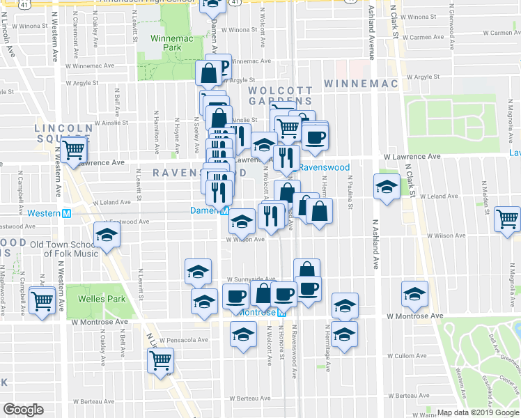 map of restaurants, bars, coffee shops, grocery stores, and more near 1900 West Leland Avenue in Chicago
