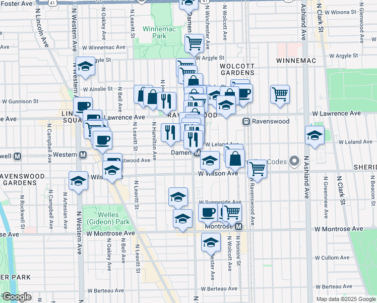 map of restaurants, bars, coffee shops, grocery stores, and more near 4704 North Damen Avenue in Chicago