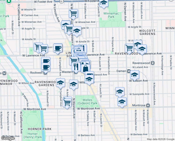 map of restaurants, bars, coffee shops, grocery stores, and more near 2272 West Leland Avenue in Chicago