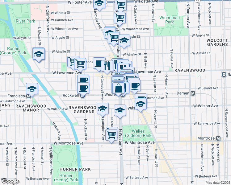 map of restaurants, bars, coffee shops, grocery stores, and more near 4705 North Artesian Avenue in Chicago
