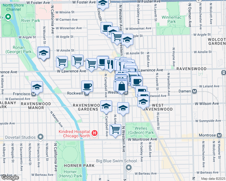 map of restaurants, bars, coffee shops, grocery stores, and more near 4705 North Artesian Avenue in Chicago