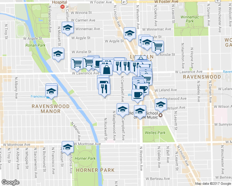 map of restaurants, bars, coffee shops, grocery stores, and more near 4704 North Campbell Avenue in Chicago