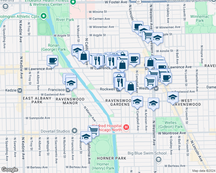 map of restaurants, bars, coffee shops, grocery stores, and more near 4709 North Washtenaw Avenue in Chicago
