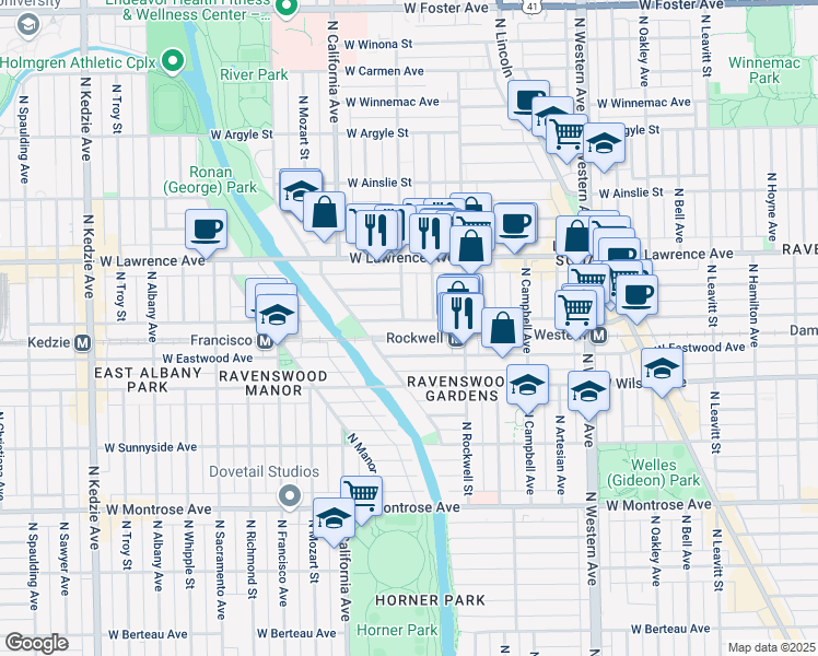 map of restaurants, bars, coffee shops, grocery stores, and more near 4709 North Washtenaw Avenue in Chicago