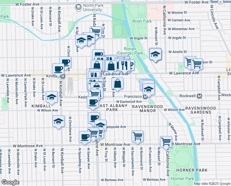 map of restaurants, bars, coffee shops, grocery stores, and more near 4706 North Whipple Street in Chicago
