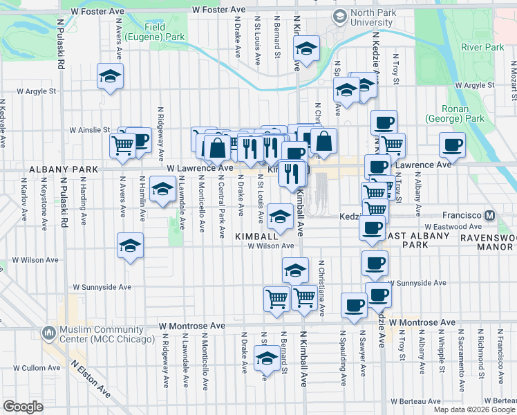 map of restaurants, bars, coffee shops, grocery stores, and more near 4713 North Saint Louis Avenue in Chicago