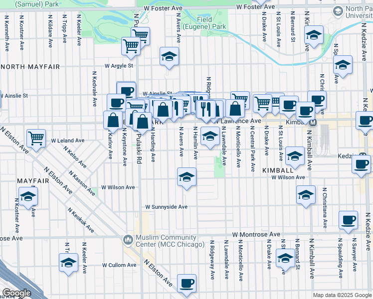 map of restaurants, bars, coffee shops, grocery stores, and more near 4716 North Avers Avenue in Chicago