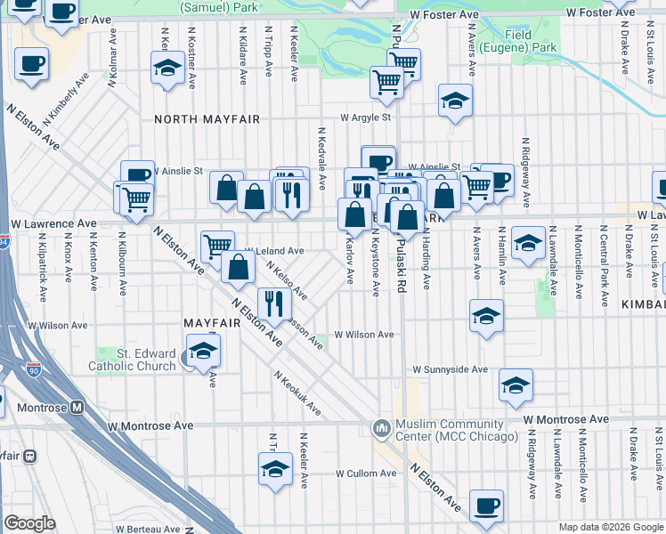 map of restaurants, bars, coffee shops, grocery stores, and more near 4748 North Kiona Avenue in Chicago