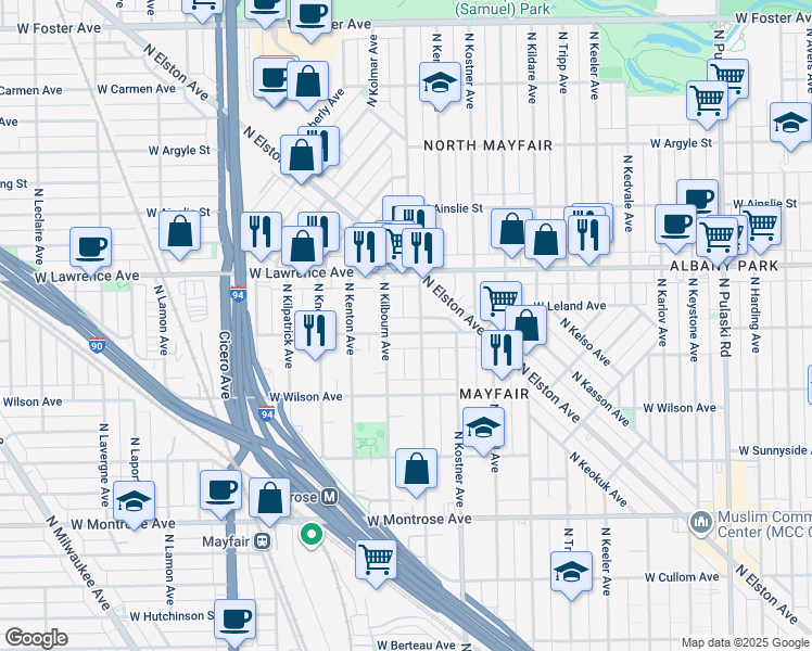 map of restaurants, bars, coffee shops, grocery stores, and more near 4723 North Kilbourn Avenue in Chicago