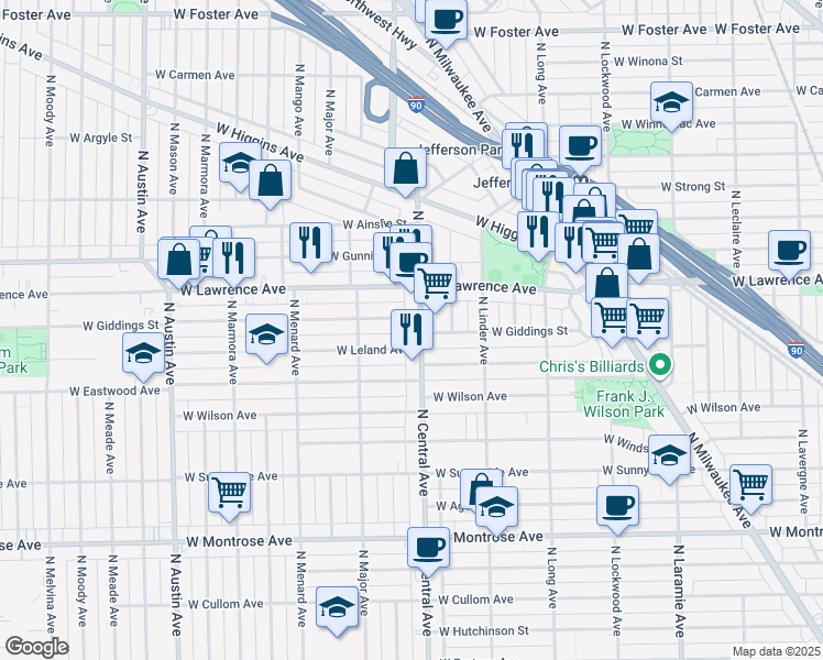 map of restaurants, bars, coffee shops, grocery stores, and more near 4736 North Central Avenue in Chicago