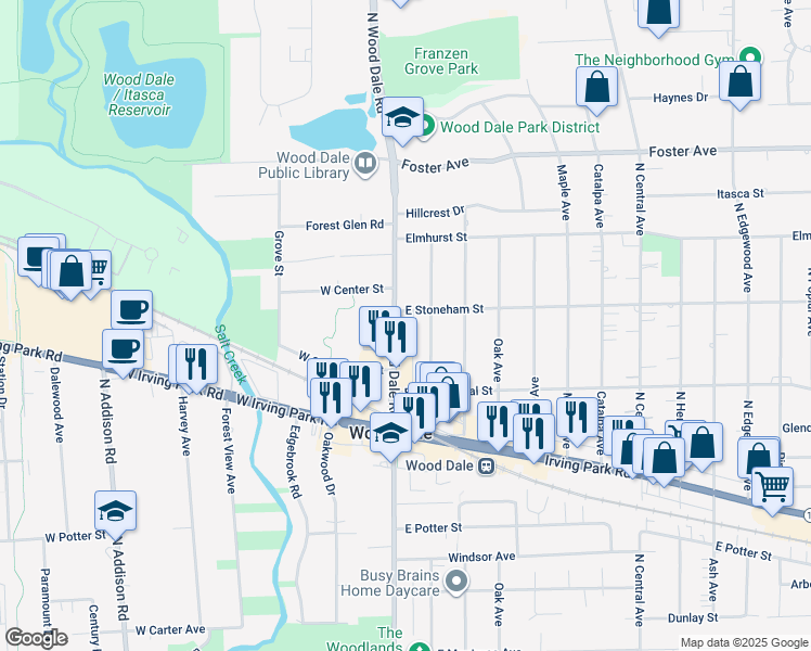 map of restaurants, bars, coffee shops, grocery stores, and more near in Wood Dale