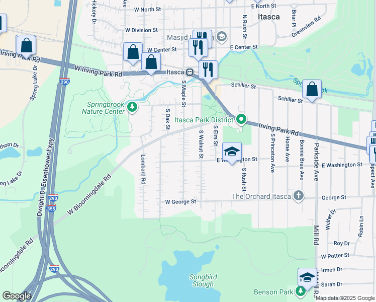 map of restaurants, bars, coffee shops, grocery stores, and more near 323 South Maple Street in Itasca