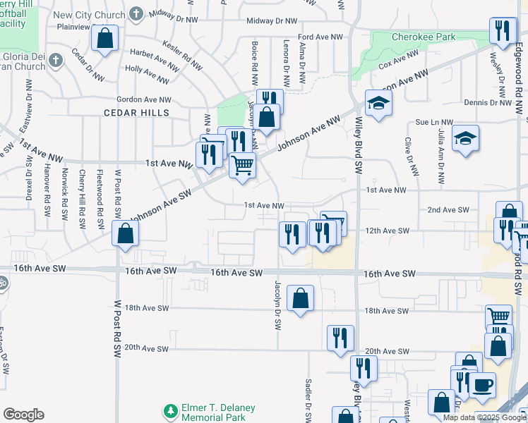 map of restaurants, bars, coffee shops, grocery stores, and more near 4596-4670 1st Avenue Southwest in Cedar Rapids