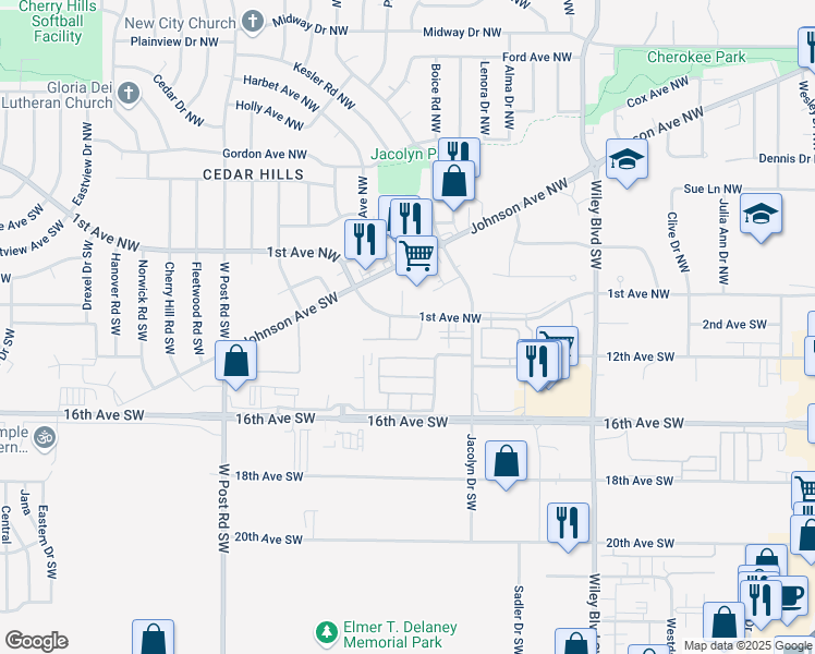 map of restaurants, bars, coffee shops, grocery stores, and more near 4825 Johnson Avenue Northwest in Cedar Rapids
