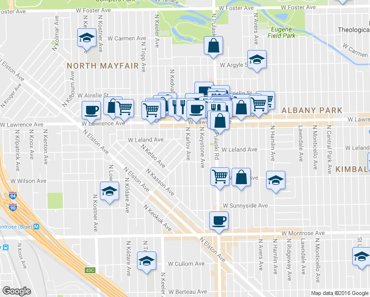 map of restaurants, bars, coffee shops, grocery stores, and more near 4157 North Kedvale Avenue in Chicago