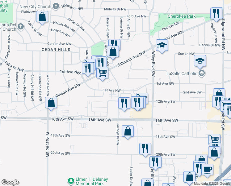map of restaurants, bars, coffee shops, grocery stores, and more near 110 Jacolyn Drive Southwest in Cedar Rapids