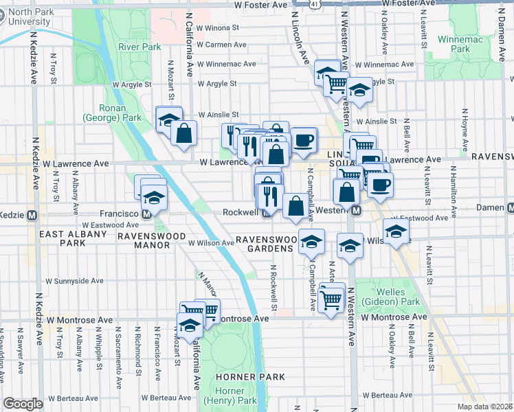 map of restaurants, bars, coffee shops, grocery stores, and more near 2621 West Leland Avenue in Chicago