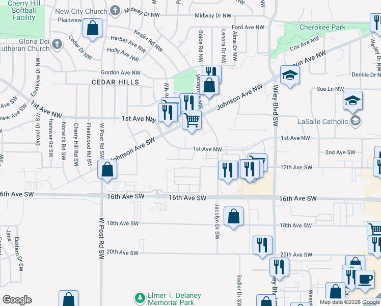 map of restaurants, bars, coffee shops, grocery stores, and more near 4815 1st Avenue Southwest in Cedar Rapids