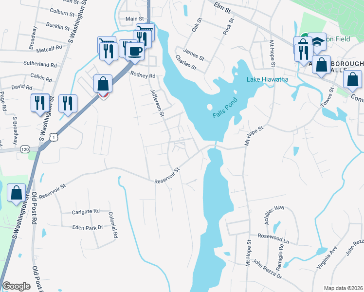 map of restaurants, bars, coffee shops, grocery stores, and more near 16 Juniper Road in North Attleborough