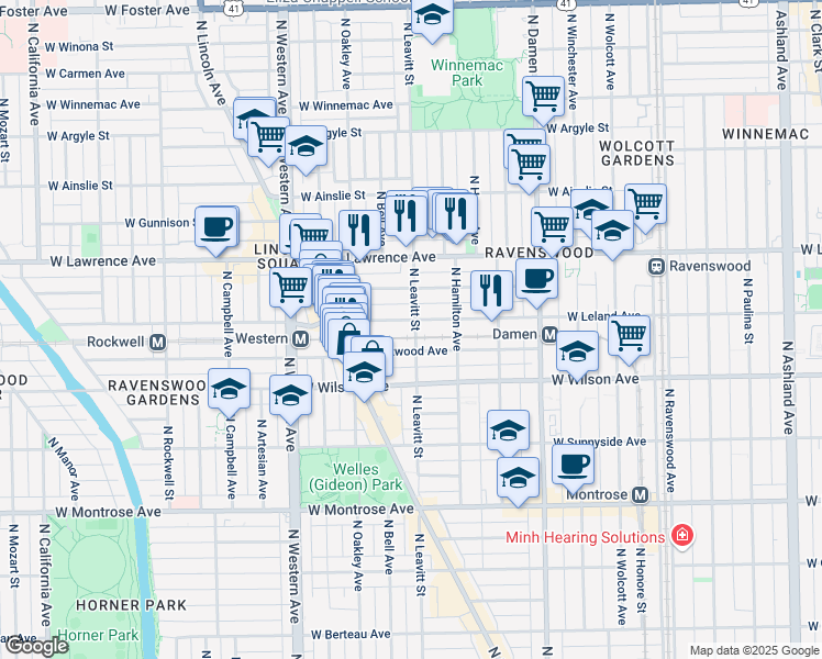 map of restaurants, bars, coffee shops, grocery stores, and more near 4704 North Leavitt Street in Chicago
