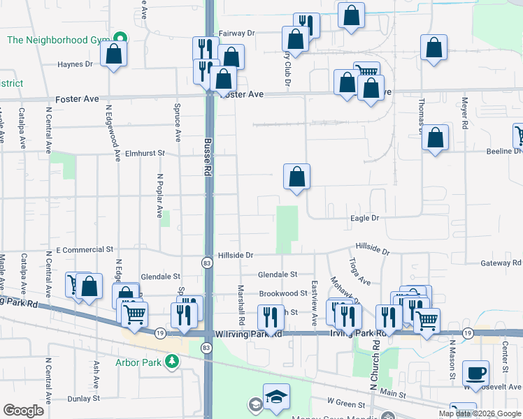 map of restaurants, bars, coffee shops, grocery stores, and more near 1006 Stoneham Street in Bensenville
