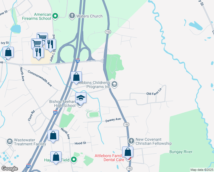 map of restaurants, bars, coffee shops, grocery stores, and more near 825 North Main Street in Attleboro