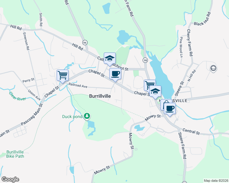 map of restaurants, bars, coffee shops, grocery stores, and more near 353 Chapel Street in Burrillville