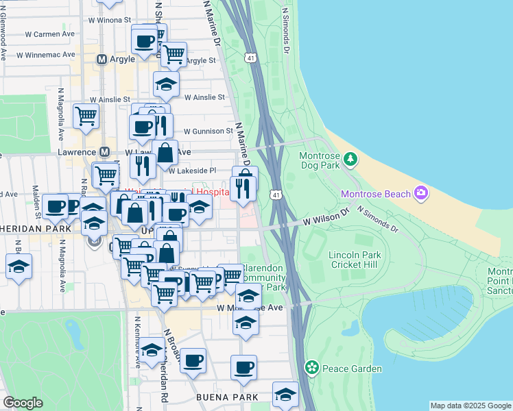 map of restaurants, bars, coffee shops, grocery stores, and more near in Chicago