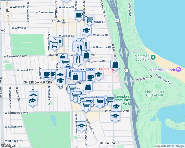map of restaurants, bars, coffee shops, grocery stores, and more near 935 West Leland Avenue in Chicago
