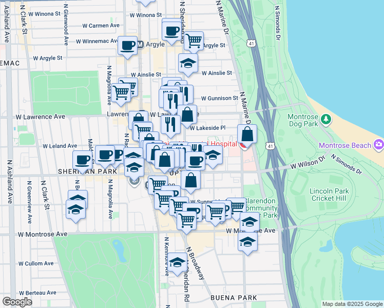 map of restaurants, bars, coffee shops, grocery stores, and more near 935 West Leland Avenue in Chicago