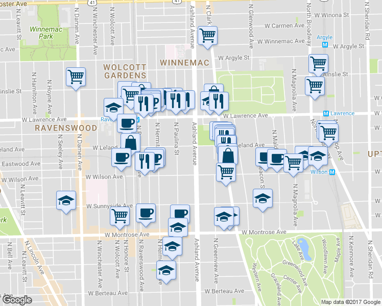map of restaurants, bars, coffee shops, grocery stores, and more near 1633 West Leland Avenue in Chicago